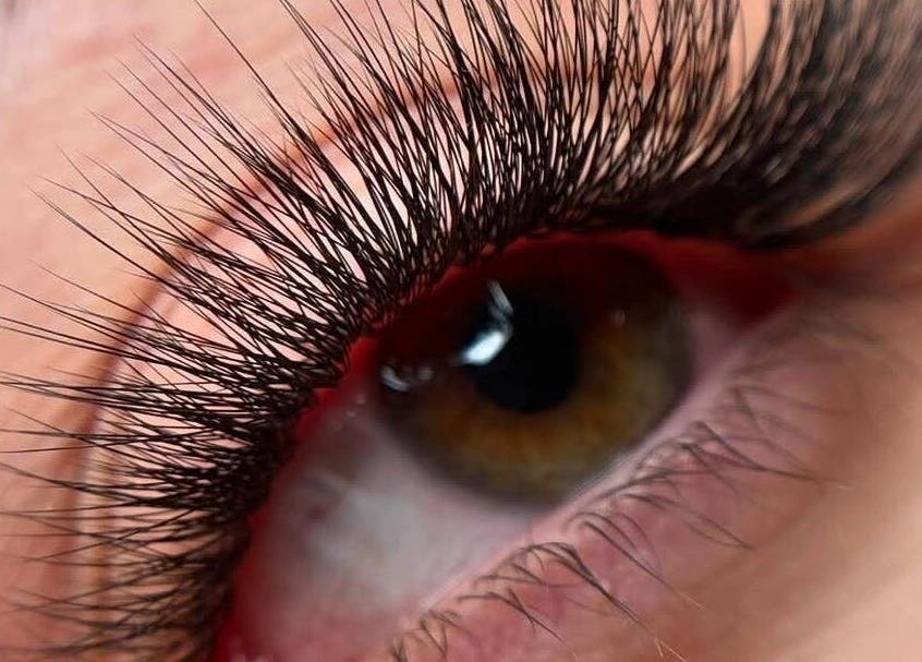 Close-up of elegant eyelash extensions at Tiffany Beauty Spot, Melbourne, Victoria, AU.