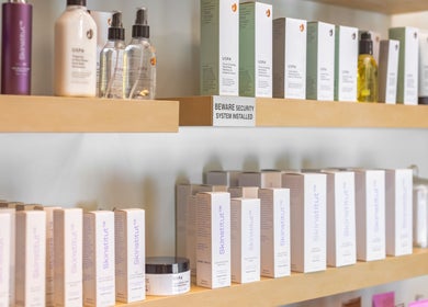 Shelf of eco-friendly beauty products at That Organic Salon in Sydney, New South Wales, AU.