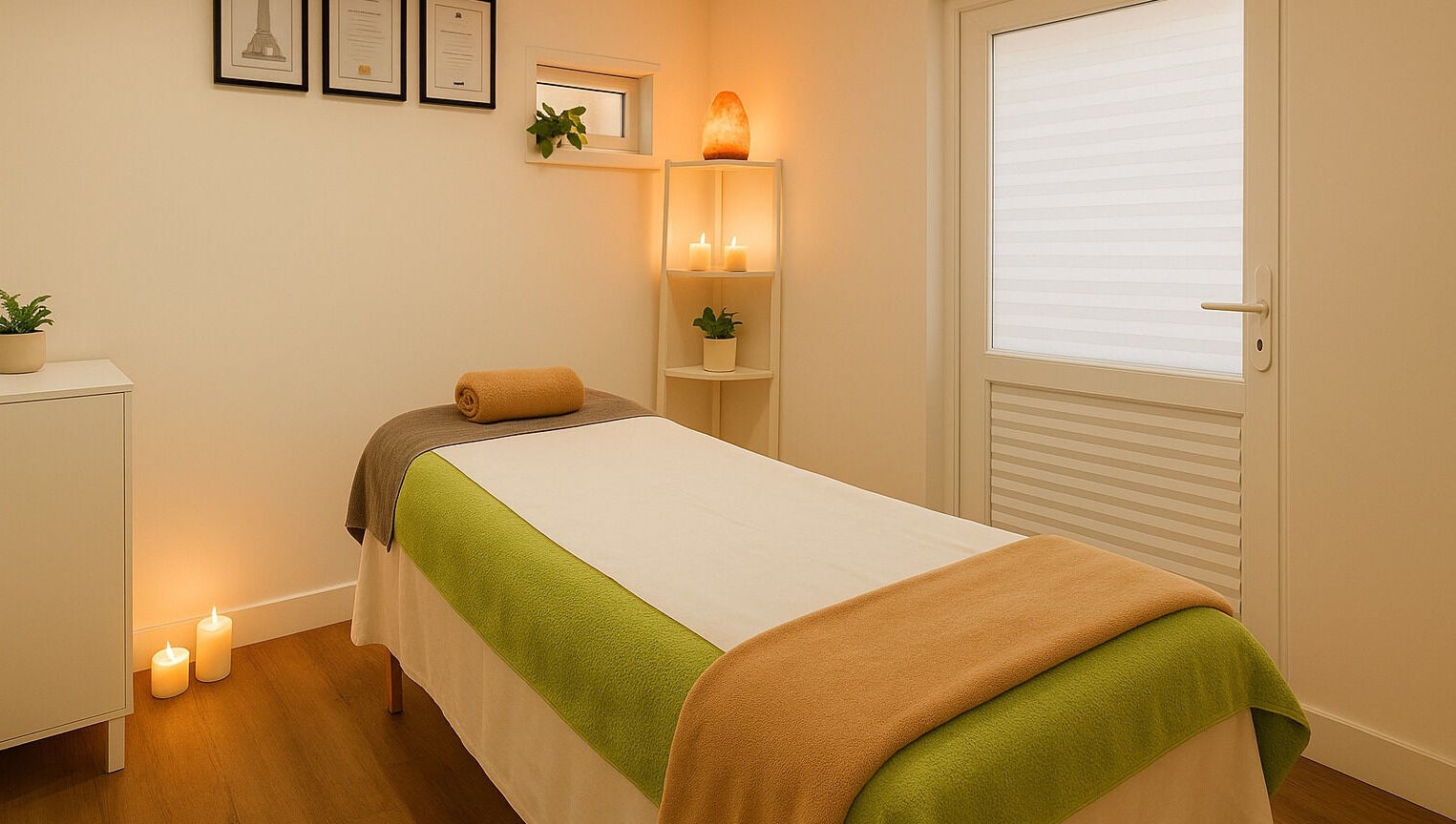 Relaxing therapy room at Holistic Massage by Kay, Eaglestone, England, GB. Cozy ambiance with candles and plants.