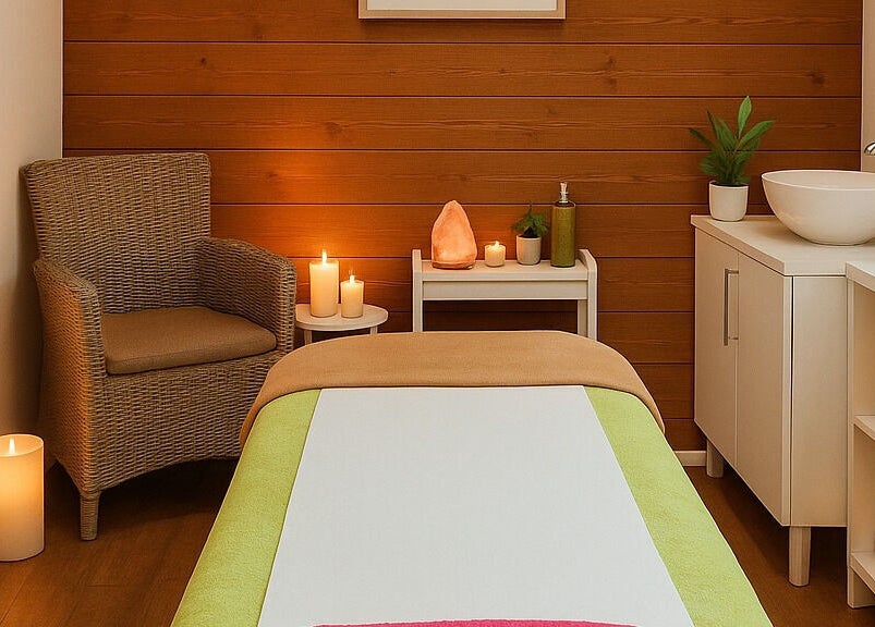 Relaxing massage room at Holistic Massage by Kay, Eaglestone, England, GB, with candles and soothing decor.