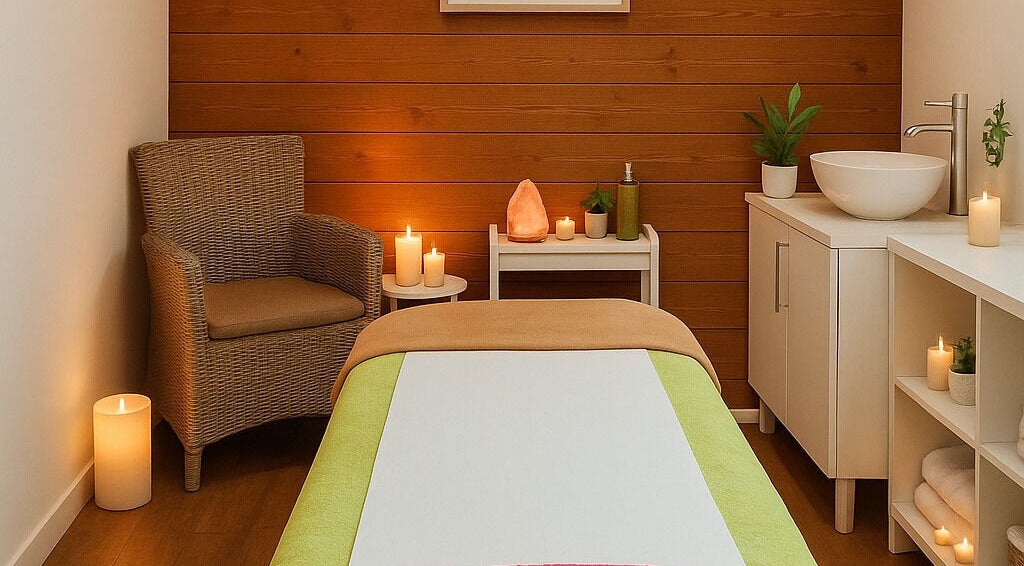 Relaxing massage room at Holistic Massage by Kay, Eaglestone, England, GB, with candles and soothing decor.