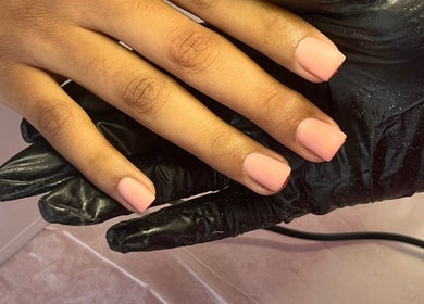 Freshly manicured nails at NailswithAmy, Western Cape, ZA, showcasing elegant pink polish.