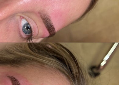Expert brow shaping at Lashed.By.Scarl, Parkgate, England. Close-up of precisely shaped eyebrows.