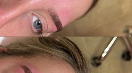 Expert brow shaping at Lashed.By.Scarl, Parkgate, England. Close-up of precisely shaped eyebrows.