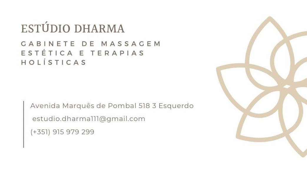 Cartão do Estúdio Dharma em Alcanena, Santarém, PT, com design de flor de lótus.