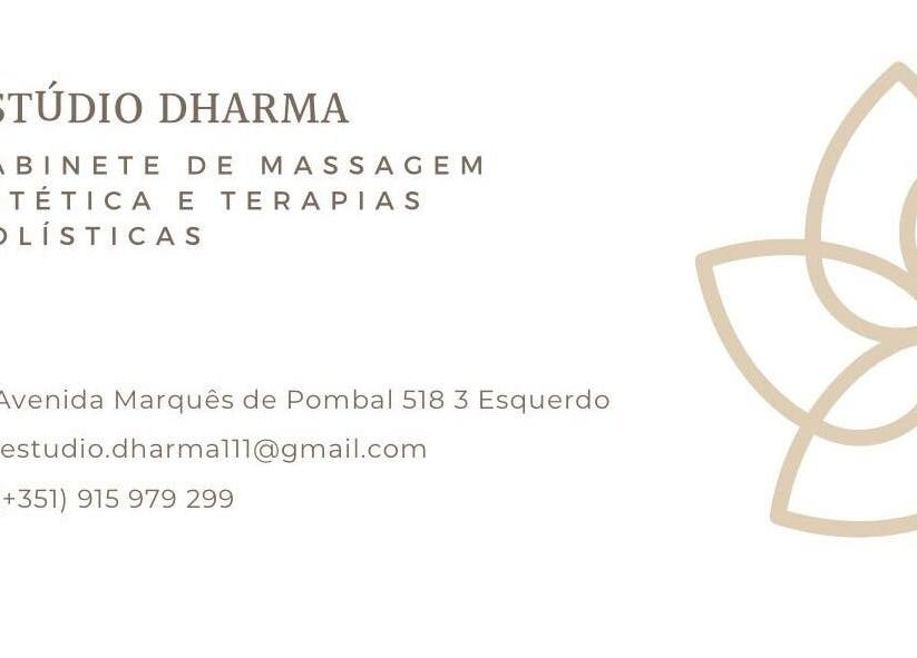 Cartão do Estúdio Dharma em Alcanena, Santarém, PT, com design de flor de lótus.