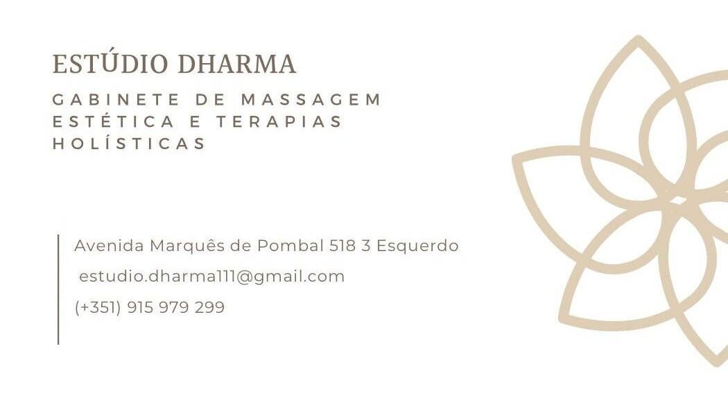Cartão do Estúdio Dharma em Alcanena, Santarém, PT, com design de flor de lótus.