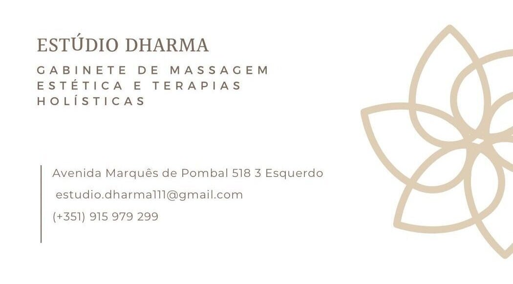Cartão do Estúdio Dharma em Alcanena, Santarém, PT, com design de flor de lótus.