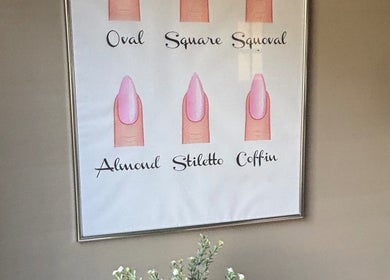 Nail shapes chart at Smwsh Nail Care Services, Cardiff, Wales, GB, showcasing various nail styles.