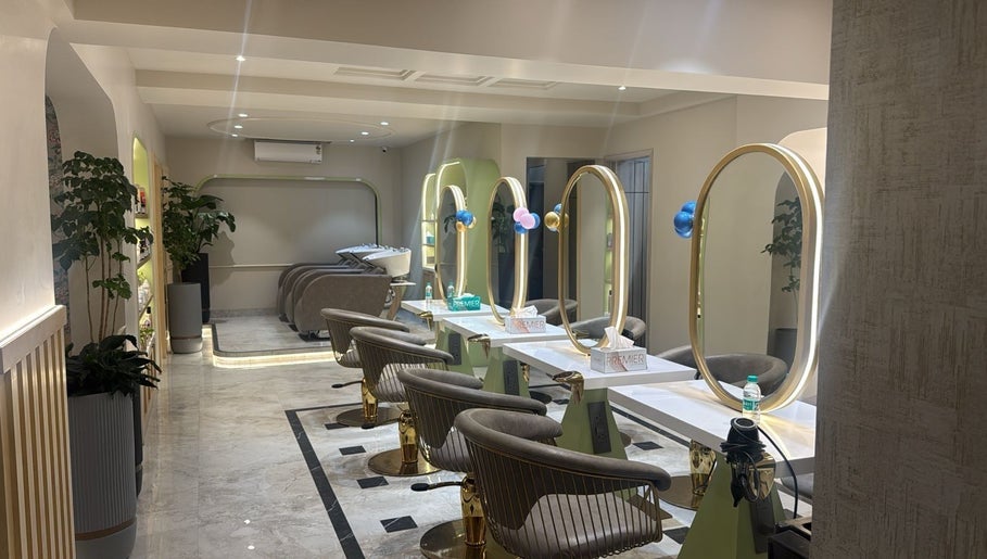 Luxury interior of Ruva salon in Mumbai, Maharashtra, IN featuring chic styling stations and mirrors.