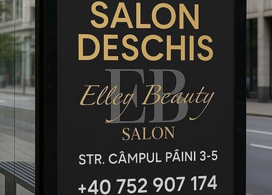 Intrarea principală a ELLEY Beauty, Cluj-Napoca, Județul Cluj, RO, cu afiș stradal elegant.