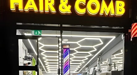 Hair & Comb salon exterior with neon sign in London, England, GB, showcasing modern interior design.