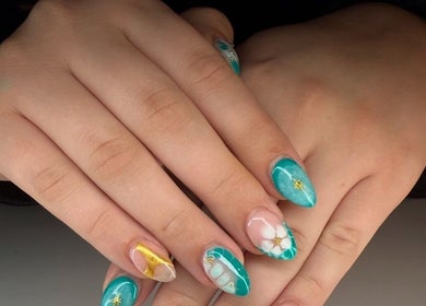 Elegant turquoise nail art at Kpurenails, Cambridge, Waikato Region, NZ. Perfect blend of style and elegance.