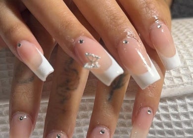 Elegant French manicure nails with rhinestones at Kpurenails, Cambridge, Waikato Region, NZ.