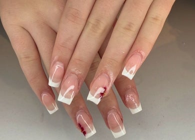 French manicure with flower design at Kpurenails, Cambridge, Waikato Region, NZ.