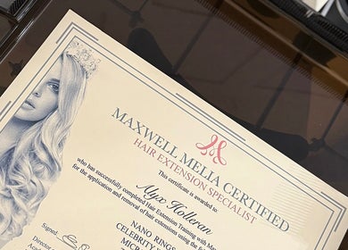 Certificate from Maxwell Melia for Extensionsbyalyx, Edinburgh, Scotland, GB, highlighting hair extension skills.