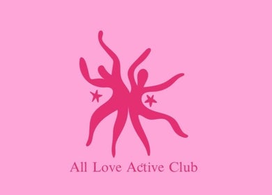 Logo of All Love Active Club featuring abstract dancers in London, England, GB against a pink background.
