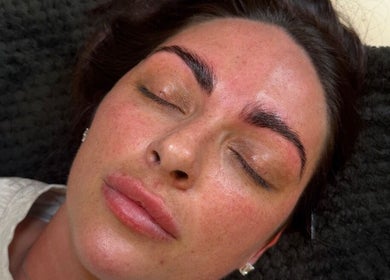 Close-up of a woman's face with groomed brows at Beauty Pod by Ell, Middlesbrough, England, GB.