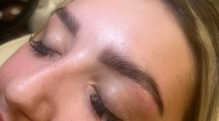 Close-up of perfected eyelashes and eyebrows at Beauty Pod by Ell, Middlesbrough, England, GB.