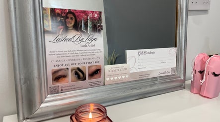 Lashed By Lilya venue in Southend-on-sea showcases a framed promotional flyer and gift certificate.