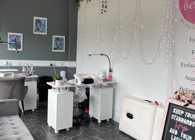 Interior of Lashed By Lilya in Southend-on-sea, England, featuring elegant decor and beauty workstations.
