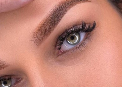Close-up of expertly shaped brows and lush lashes at Browcandylondon, Milton Keynes, England, GB.