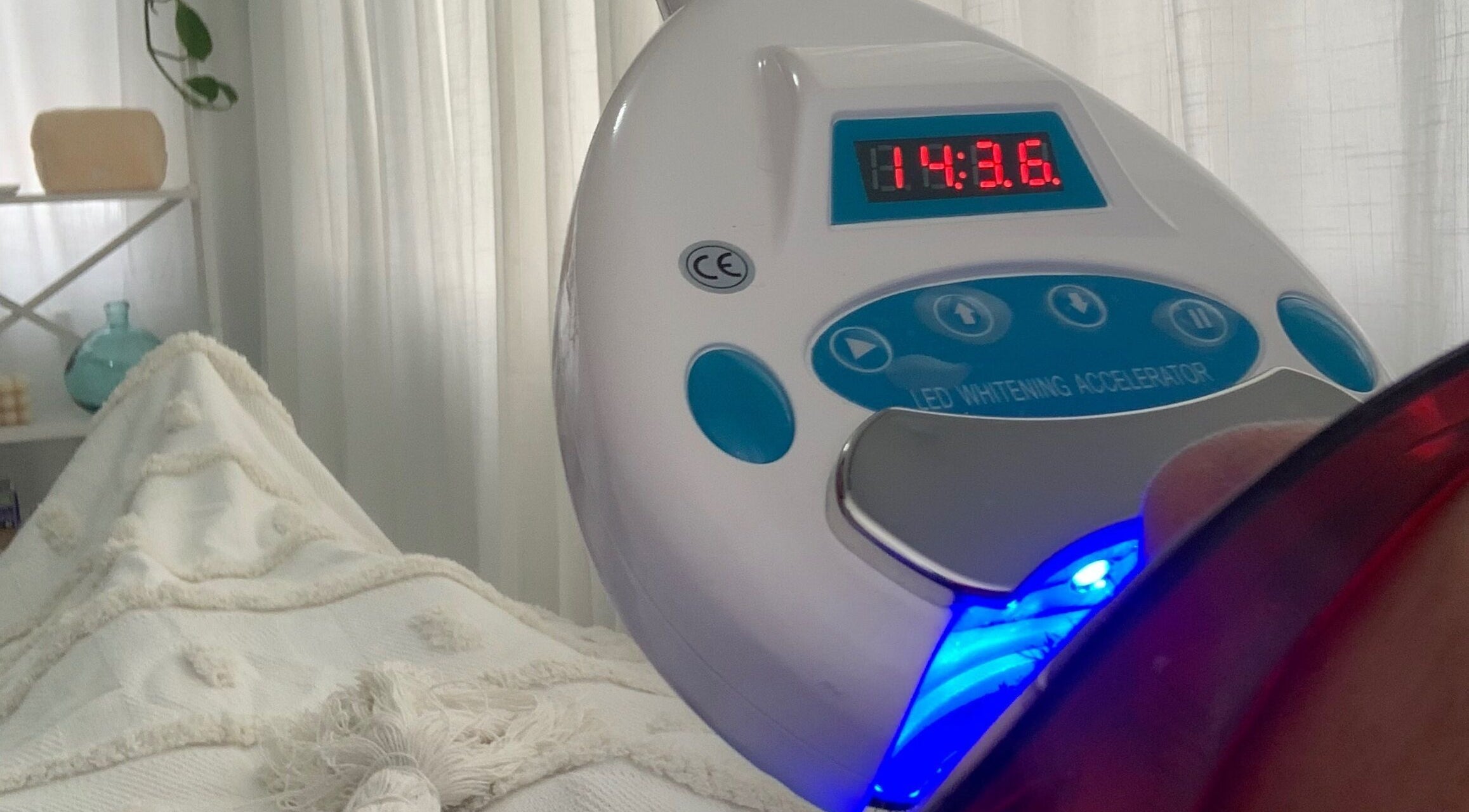 LED teeth whitening session at Pearly Cosmetic Teeth Whitening, Maroubra, New South Wales, AU.