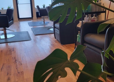 Modern salon chairs and plants at The Hair Shepard, Chicago, Illinois, US.