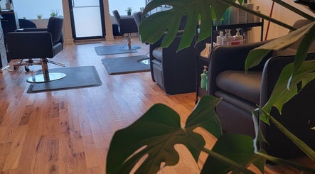 Modern salon chairs and plants at The Hair Shepard, Chicago, Illinois, US.