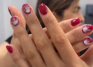 Modern red and white nail art at Maison De Femme, Bristol, England, GB.