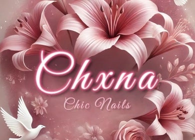 Elegant pink floral design with Chxna Chic Nails logo, Imperial, California, US.