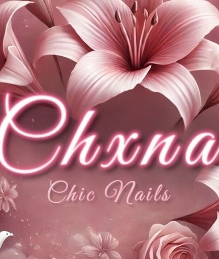 Elegant pink floral design with Chxna Chic Nails logo, Imperial, California, US.