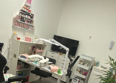 Modern nail station at Nails by Bliss YN, Houston, Texas, US, with organized tools and elegant decor.