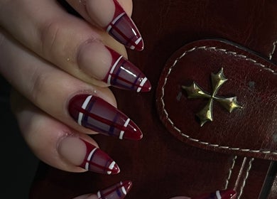 Detailed red and plaid nail art design by Swaggie Nailz, Brick Township, New Jersey, US.