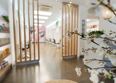 Elegant interior of Helmet Hair Studio in Darwin City with cherry blossoms and styling chairs.
