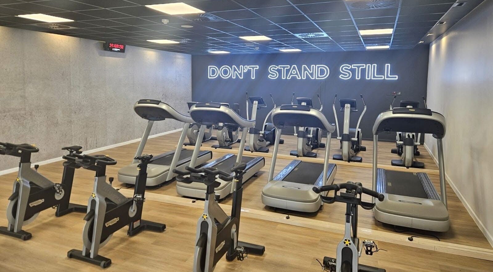Modern gym at Zee Mania, Centurion, Gauteng, ZA, featuring high-tech treadmills and stationary bikes.