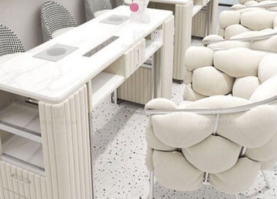Elegant nail salon seating at Your Muse, Beirut, Beirut Governorate, LB with plush white chairs.