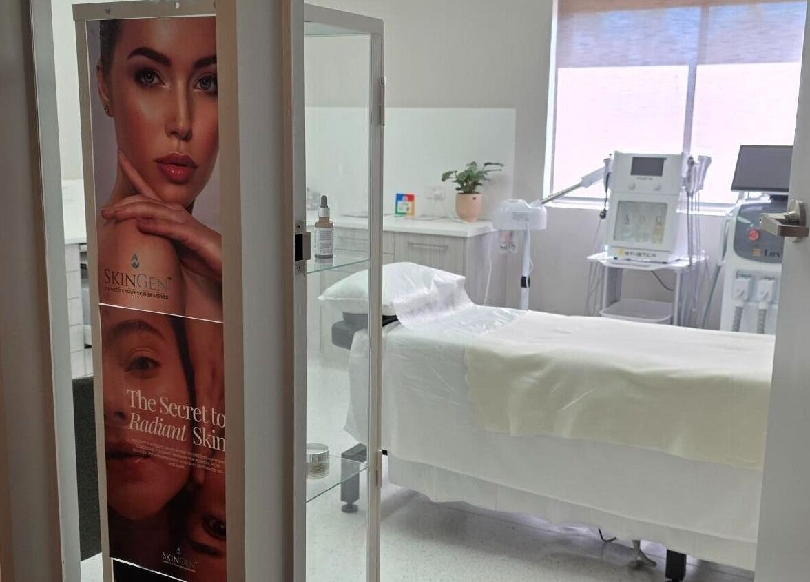Elegant treatment room at DERMALINK STUDIO, Tarneit, Victoria, AU, showcasing skincare setup and decor.