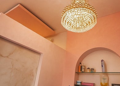 Elegant chandelier and pastel decor at G3 Bridal and Beauty Studio in Avadi, Tamil Nadu, IN.