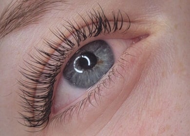 Close-up of enhanced lashes at Natures Embrace Spa, Madawaska, Ontario, CA, showcasing expert eyelash care.