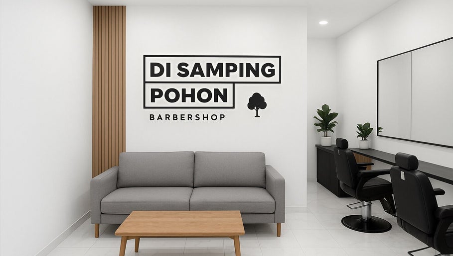 Chic interior of Ruang Teduh Barber in Kabupaten Bandung, Jawa Barat, ID with sleek chairs and cozy seating.