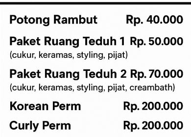Service menu at Ruang Teduh Barber in Kabupaten Bandung, Jawa Barat, ID displaying various grooming packages.