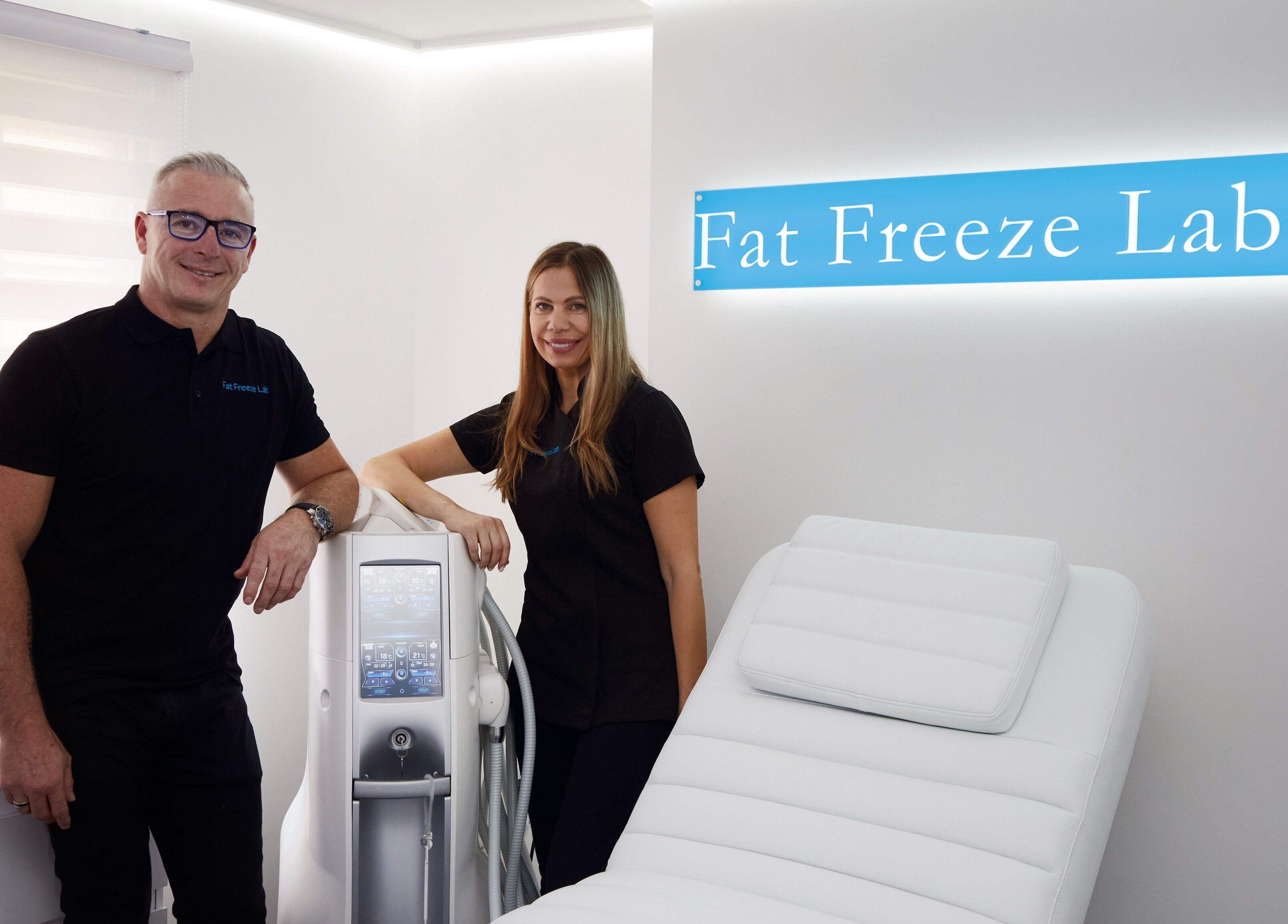 Team at Fat Freeze Lab in Hertford, England, GB, showcasing advanced wellness equipment.