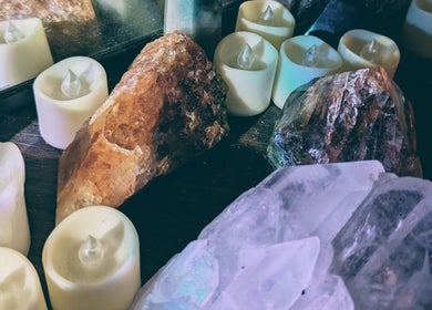 Serene candles and crystals ambiance at Otta Massage, Glasgow, Scotland, GB.