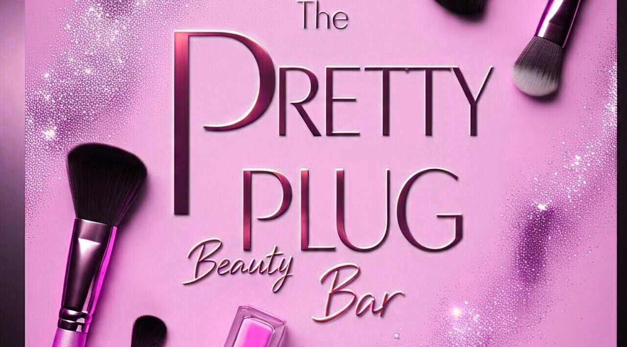 The Pretty Plug Beauty Bar logo with brushes, Pietermaritzburg, Kwazulu-natal, ZA. Pink backdrop with makeup tools.