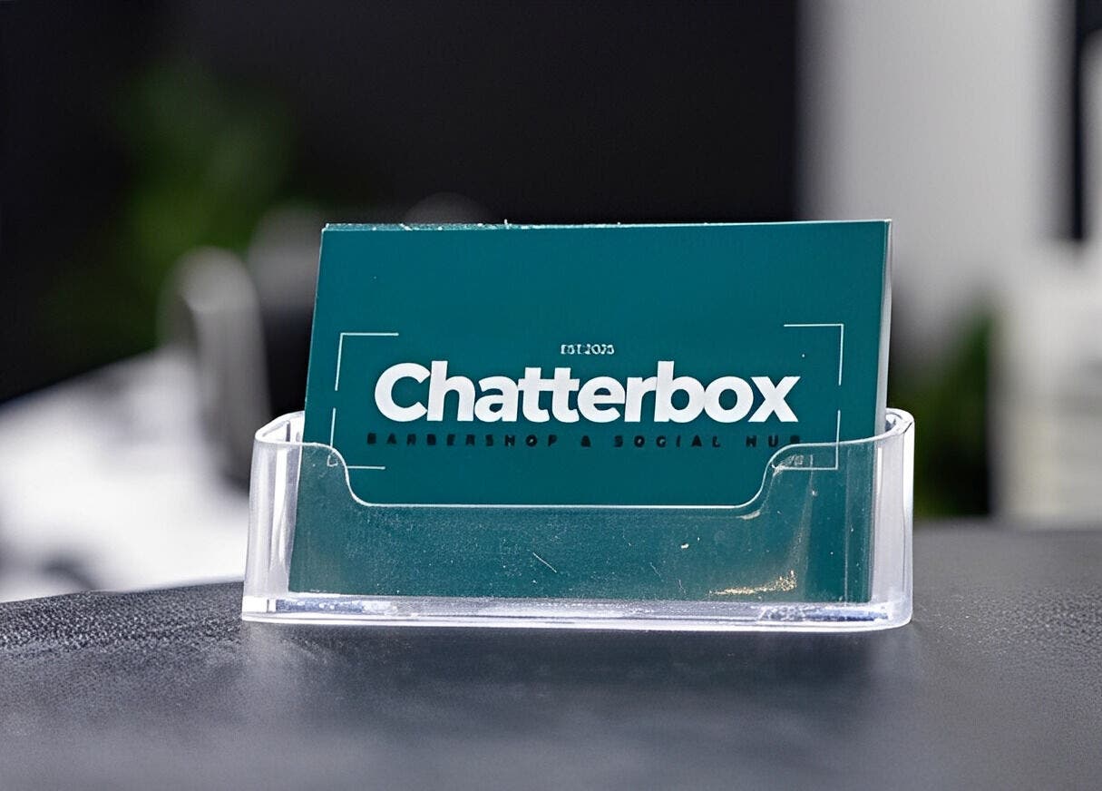 Business card holder with Chatterbox branding, located in Lisburn, Northern Ireland, GB.