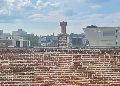 View of Macon skyline from FEW FACED SELF, showcasing rustic brick and cityscape in Macon, Georgia, US.