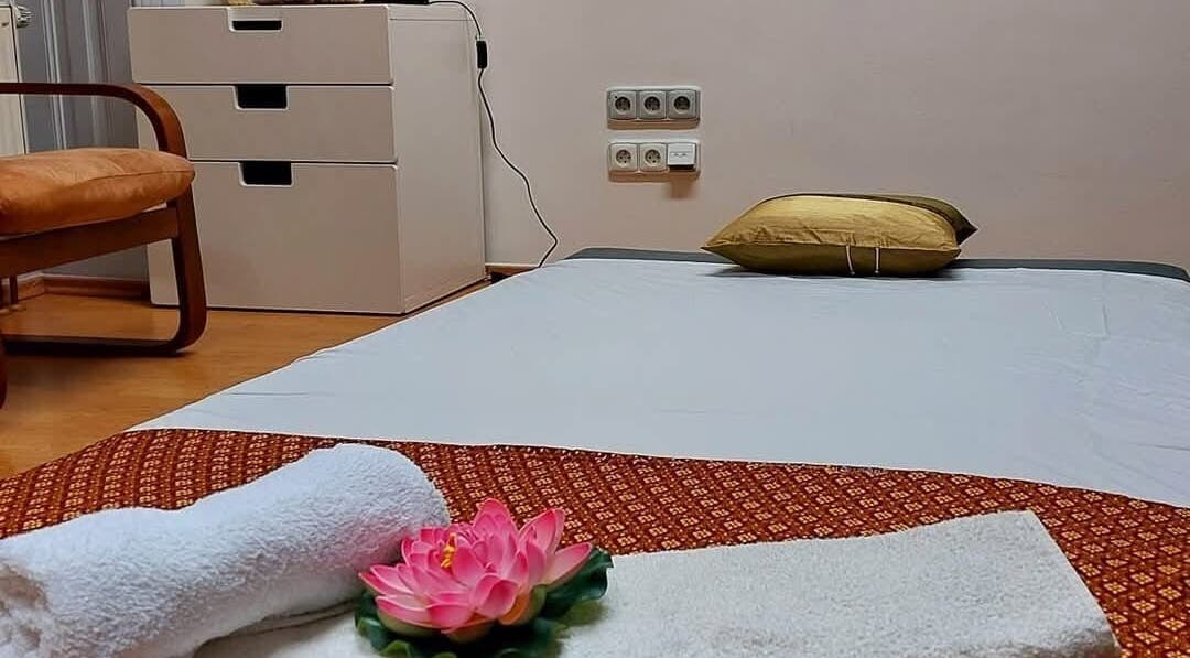 Relaxing massage setup with lotus at Lanta Thai Massage, Hlavní Město Praha, CZ.
