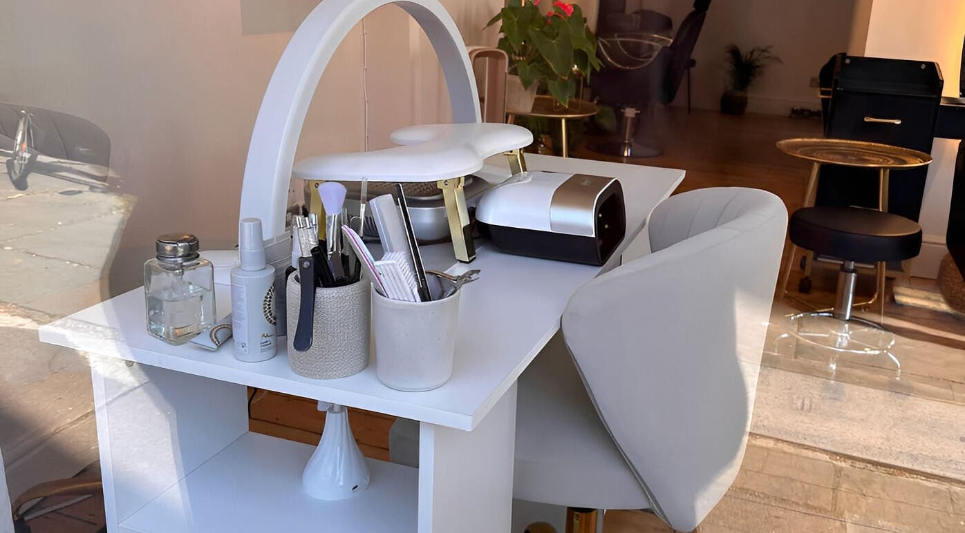 Manicure station at Dreia’s Nails in London, England, GB featuring tools and modern decor.