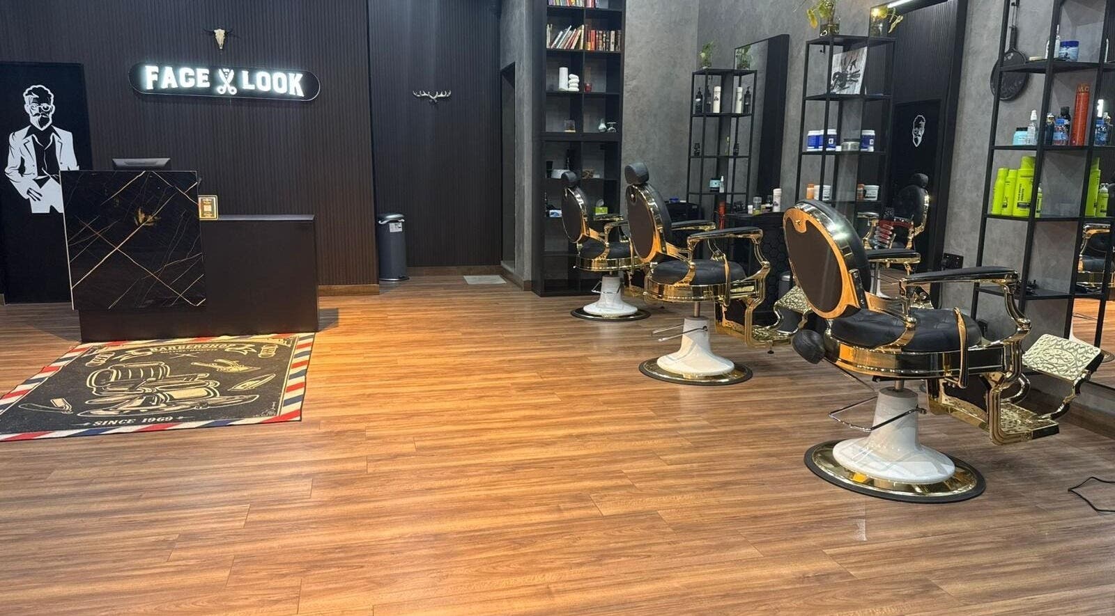 Elegant interior of Facelook barbershop in Doha, Doha Municipality, QA, featuring modern barber chairs and decor.